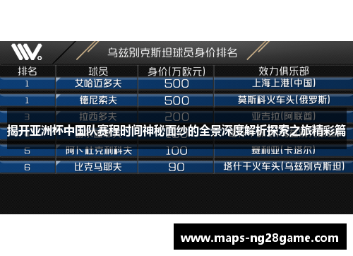 揭开亚洲杯中国队赛程时间神秘面纱的全景深度解析探索之旅精彩篇